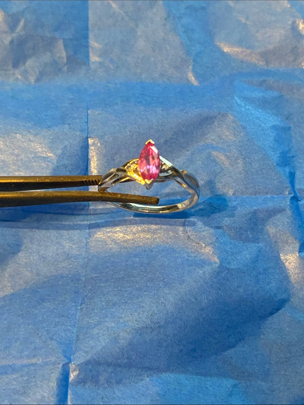 Delicate 10K White Gold Marquise Pink 
Topaz (?) Ring with Small Diamonds Size 7